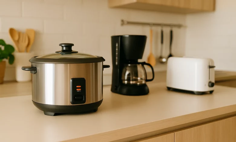 Cena de cozinha moderna com eletrodomésticos que facilitam vida, destaque para panela de arroz e utensílios