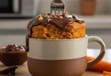 Bolo de Cenoura na Caneca, pronto em 3 minutos no micro-ondas, coberto com calda de chocolate e nozes picadas, com um garfo espetado. Fatias de cenoura fresca e um micro-ondas desfocado ao fundo completam a cena culinária.