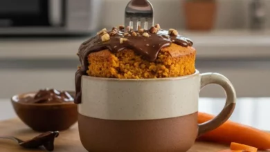Bolo de Cenoura na Caneca, pronto em 3 minutos no micro-ondas, coberto com calda de chocolate e nozes picadas, com um garfo espetado. Fatias de cenoura fresca e um micro-ondas desfocado ao fundo completam a cena culinária.