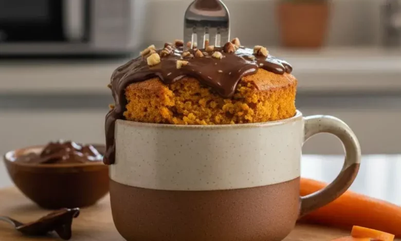 Bolo de Cenoura na Caneca, pronto em 3 minutos no micro-ondas, coberto com calda de chocolate e nozes picadas, com um garfo espetado. Fatias de cenoura fresca e um micro-ondas desfocado ao fundo completam a cena culinária.