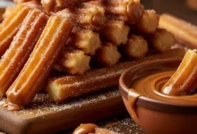 Churros de doce de leite crocantes polvilhados com açúcar e canela, alguns já recheados ou sendo mergulhados em uma tigela de doce de leite cremoso.