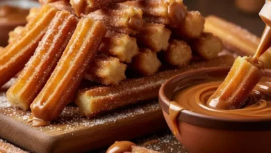 Churros de doce de leite crocantes polvilhados com açúcar e canela, alguns já recheados ou sendo mergulhados em uma tigela de doce de leite cremoso.
