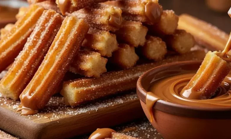 Churros de doce de leite crocantes polvilhados com açúcar e canela, alguns já recheados ou sendo mergulhados em uma tigela de doce de leite cremoso.
