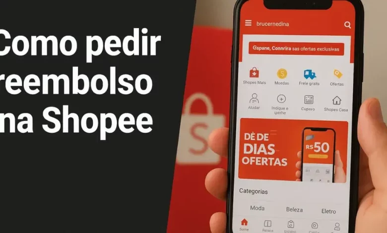 Como pedir reembolso na Shopee: imagem mostrando pessoa segurando smartphone com o aplicativo da Shopee aberto.