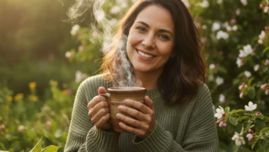 Mulher tomando chá natural de folhas que fortalecem ossos e imunidade.
