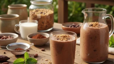 mesa ao ar livre com uma jarra transparente de vitamina de chocolate com granola ao lado, ingredientes como leite de amêndoas, cacau, e granola visíveis ao fundo, cores vibrantes com tons quentes e naturais, foco na bebida servida em um copo alto, fundo com elementos de uma cozinha natural e iluminação natural.