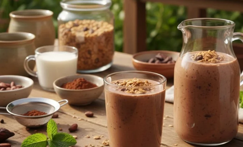 mesa ao ar livre com uma jarra transparente de vitamina de chocolate com granola ao lado, ingredientes como leite de amêndoas, cacau, e granola visíveis ao fundo, cores vibrantes com tons quentes e naturais, foco na bebida servida em um copo alto, fundo com elementos de uma cozinha natural e iluminação natural.