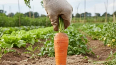 uma mão cuidadosamente escavando uma cenoura madura de solo solto e arenoso, ao fundo há um jardim bem cuidado com diferentes plantas, luz natural suave destacando a textura da terra e a coloração vibrante da cenoura, cores quentes e naturais, elementos de terra, raízes e vegetação ao redor.