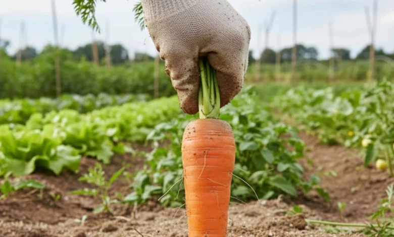 uma mão cuidadosamente escavando uma cenoura madura de solo solto e arenoso, ao fundo há um jardim bem cuidado com diferentes plantas, luz natural suave destacando a textura da terra e a coloração vibrante da cenoura, cores quentes e naturais, elementos de terra, raízes e vegetação ao redor.