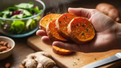 mostrando uma mão segurando uma batata-doce cozida fatiada, ao fundo uma bancada de cozinha com ingredientes frescos e alimentos integrais ao lado, cores quentes e naturais, foco na textura da batata-doce e nas cores vibrantes.