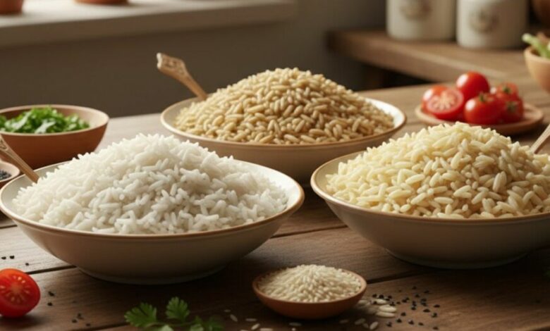 mesa com três pratos de arroz ao lado, cada um representando o branco, integral e parboilizado, com cores vibrantes dos alimentos, foco na textura dos grãos, fundo de cozinha caseira aconche