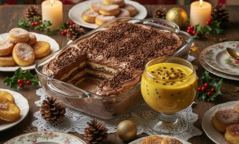 Mesa de Natal festiva com sobremesas de natal, pavê de chocolate, mousse de maracujá e rabanada dourada