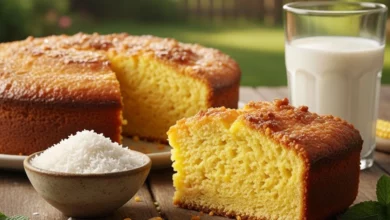uma mesa rústica de madeira ao ar livre, foco em uma fatia de bolo de milho dourado com casquinha crocante, ao lado uma tigela com coco ralado e um copo de leite, iluminação natural suave que destaca texturas e cores vibrantes do bolo e ingredientes frescos.