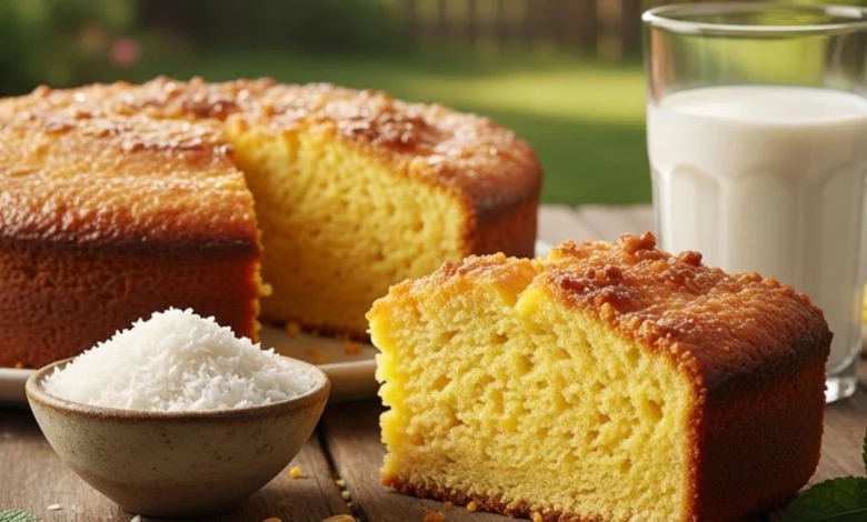 uma mesa rústica de madeira ao ar livre, foco em uma fatia de bolo de milho dourado com casquinha crocante, ao lado uma tigela com coco ralado e um copo de leite, iluminação natural suave que destaca texturas e cores vibrantes do bolo e ingredientes frescos.