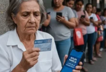 Uma senhora idosa brasileira, com expressão preocupada, segura um cartão do Bolsa Família em uma mão e um celular exibindo a mensagem "Bolsa Família cancela benefício" na outra. Ao fundo, uma fila de pessoas aguarda atendimento em frente a uma agência, em um cenário urbano brasileiro. A imagem transmite o drama do Bolsa Família cancela benefício.