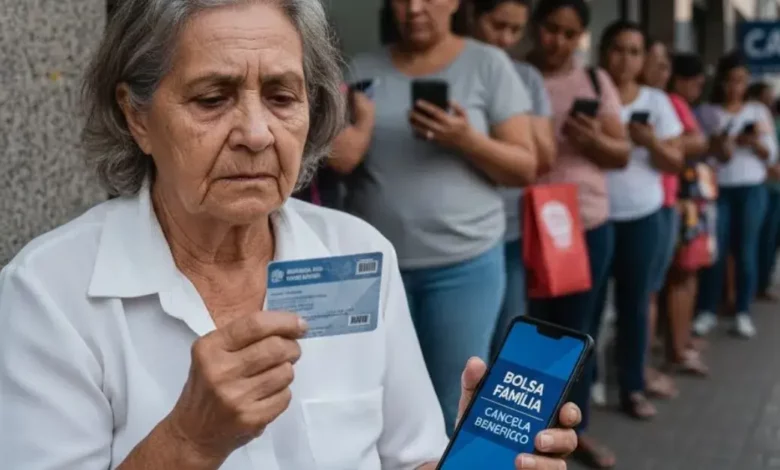 Uma senhora idosa brasileira, com expressão preocupada, segura um cartão do Bolsa Família em uma mão e um celular exibindo a mensagem "Bolsa Família cancela benefício" na outra. Ao fundo, uma fila de pessoas aguarda atendimento em frente a uma agência, em um cenário urbano brasileiro. A imagem transmite o drama do Bolsa Família cancela benefício.