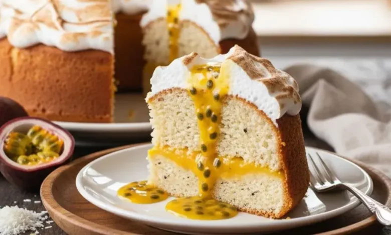 Bolo de arroz cru cremoso de maracujá com cobertura de suspiro queimado e polpa de maracujá fresca escorrendo sobre uma fatia.