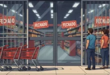 Ilustração realista em alta qualidade de um “Supermercados proibidos aos domingos”, com portas de vidro fechadas, placas de ‘Fechado’ e grades descidas, carrinhos de compras vazios do lado de fora e céu de domingo ao fundo. Um relógio marcando 10h da manhã de domingo. Ambiente urbano no estilo brasileiro, remetendo ao Espírito Santo.