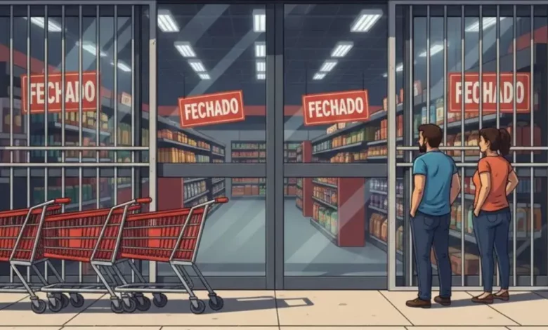 Ilustração realista em alta qualidade de um “Supermercados proibidos aos domingos”, com portas de vidro fechadas, placas de ‘Fechado’ e grades descidas, carrinhos de compras vazios do lado de fora e céu de domingo ao fundo. Um relógio marcando 10h da manhã de domingo. Ambiente urbano no estilo brasileiro, remetendo ao Espírito Santo.