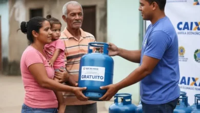 Família de baixa renda sorrindo ao receber um botijão de gás do programa 'Gás Gratuito', simbolizando apoio social.