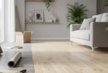 Ambiente moderno de sala de estar sendo renovado com piso vinílico autocolante estilo madeira clara, metade do chão antigo e a outra metade já aplicada, mostrando antes e depois. Luz natural entrando pela janela, decoração minimalista, sofá cinza claro, plantas verdes e sensação de casa nova sem obra. Imagem realista em alta definição, estilo fotografia profissional, ultra detalhada, 4K