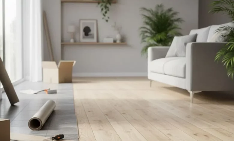 Ambiente moderno de sala de estar sendo renovado com piso vinílico autocolante estilo madeira clara, metade do chão antigo e a outra metade já aplicada, mostrando antes e depois. Luz natural entrando pela janela, decoração minimalista, sofá cinza claro, plantas verdes e sensação de casa nova sem obra. Imagem realista em alta definição, estilo fotografia profissional, ultra detalhada, 4K