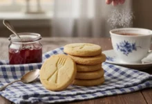 Bolachinha caseira amanteigadas, em formato de bolinhas amassadas por um garfo, dispostas em uma tábua de madeira rústica, prontas para serem servidas em um ambiente acolhedor com luz natural.