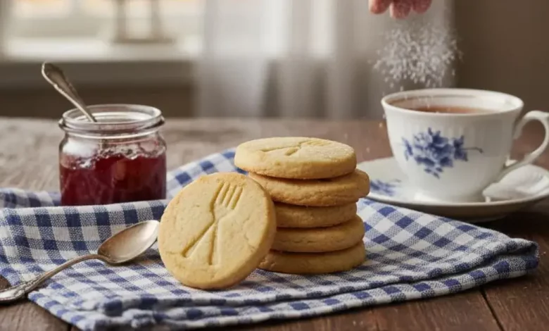 Bolachinha caseira amanteigadas, em formato de bolinhas amassadas por um garfo, dispostas em uma tábua de madeira rústica, prontas para serem servidas em um ambiente acolhedor com luz natural.