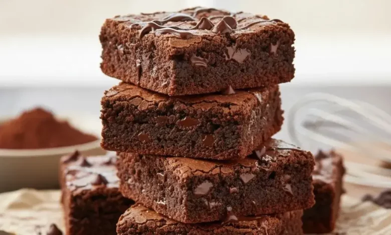 Pedaço de brownie de chocolate sem glúten e sem lactose, com casquinha craquelada e interior úmido, sobre um prato de madeira.
