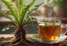 imagem vibrante de uma flor e folhas de dente-de-leão (Taraxacum officinale), destacando a beleza da planta medicinal e o seu uso para desintoxicação e função hepática.