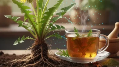 imagem vibrante de uma flor e folhas de dente-de-leão (Taraxacum officinale), destacando a beleza da planta medicinal e o seu uso para desintoxicação e função hepática.