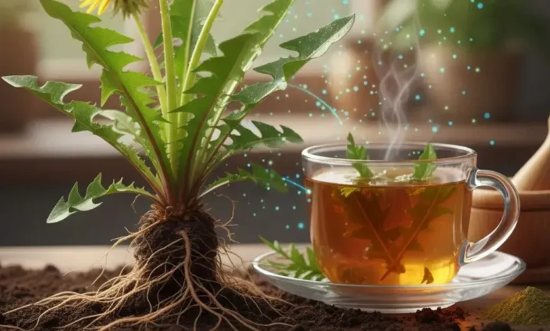 imagem vibrante de uma flor e folhas de dente-de-leão (Taraxacum officinale), destacando a beleza da planta medicinal e o seu uso para desintoxicação e função hepática.