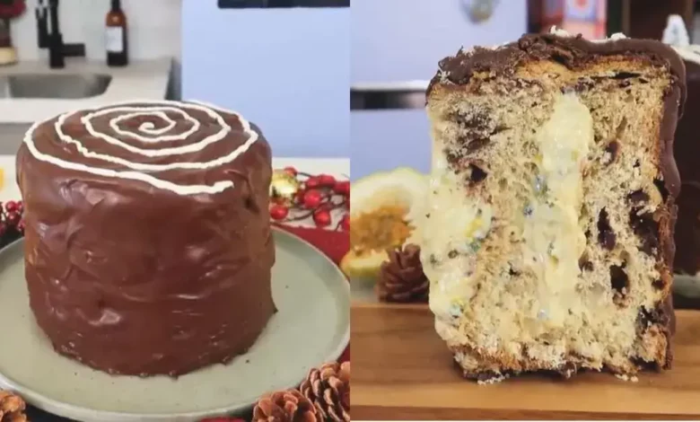 Fatia de Chocotone com Recheio de Maracujá cremoso e vibrante, visível em corte. A sobremesa festiva está decorada com raspas de chocolate e sementes de maracujá, em um cenário de Natal aconchegante.