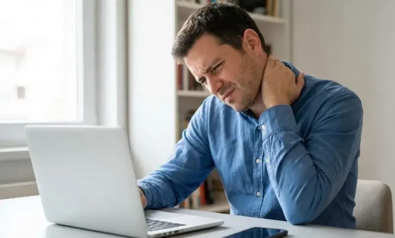 Foto de um homem com expressão de dor segurando seu pescoço travado, sentado em uma mesa de escritório com um notebook e um celular à sua frente, ilustrando o desconforto causado pelo uso excessivo de telas.