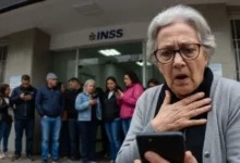 Nova Idade da Aposentadoria em 2026 - Uma senhora idosa, sentada em um banco à frente de uma agência do INSS, olha para o celular com uma expressão de surpresa e preocupação, com a mão no peito. No letreiro digital da agência, lê-se "APOSENTADORIA: NOVAS REGRAS 2026". Outras pessoas também estão em fila, algumas olhando para seus celulares ao fundo.