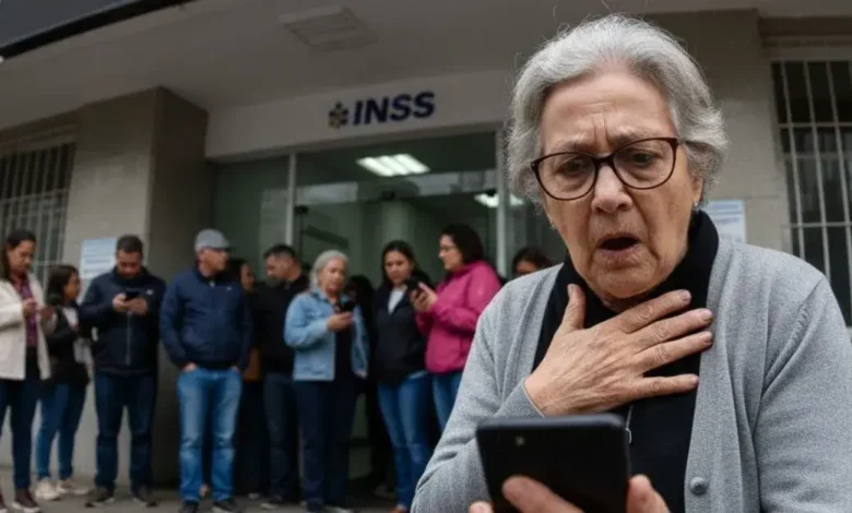 Nova Idade da Aposentadoria em 2026 - Uma senhora idosa, sentada em um banco à frente de uma agência do INSS, olha para o celular com uma expressão de surpresa e preocupação, com a mão no peito. No letreiro digital da agência, lê-se "APOSENTADORIA: NOVAS REGRAS 2026". Outras pessoas também estão em fila, algumas olhando para seus celulares ao fundo.
