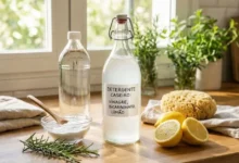 faça seu próprio detergente com esses ingredientes caseiros com vinagre, bicarbonato e limão sobre uma bancada de cozinha