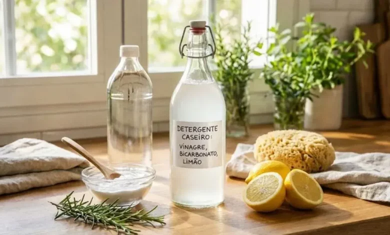 faça seu próprio detergente com esses ingredientes caseiros com vinagre, bicarbonato e limão sobre uma bancada de cozinha