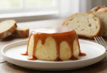Pudim de pão brasileiro, com calda de caramelo brilhante escorrendo pelas laterais, textura cremosa e macia por dentro, servido em um prato branco minimalista, com algumas fatias de pão ao fundo em desfoque leve