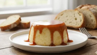 Pudim de pão brasileiro, com calda de caramelo brilhante escorrendo pelas laterais, textura cremosa e macia por dentro, servido em um prato branco minimalista, com algumas fatias de pão ao fundo em desfoque leve