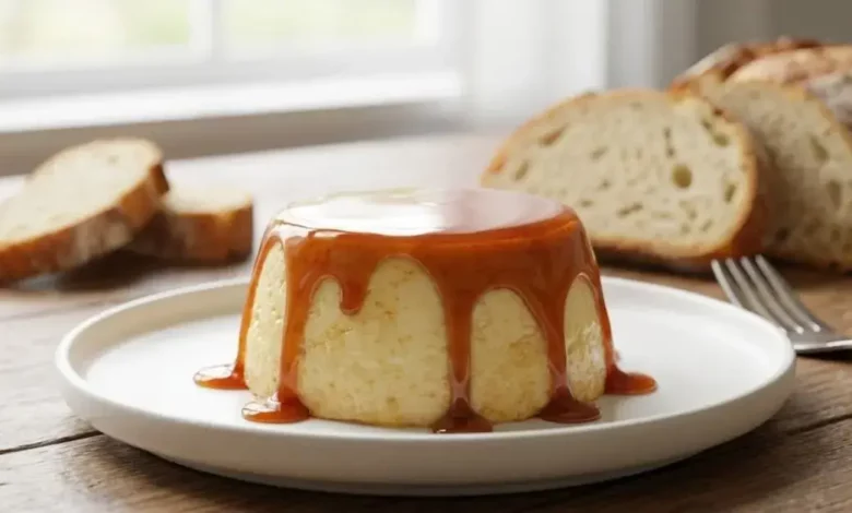 Pudim de pão brasileiro, com calda de caramelo brilhante escorrendo pelas laterais, textura cremosa e macia por dentro, servido em um prato branco minimalista, com algumas fatias de pão ao fundo em desfoque leve