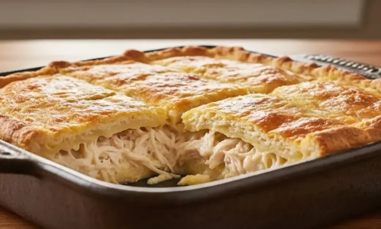 Empada de frango de liquidificador caseira, recém-saída do forno, cortada em quadrados, com recheio cremoso de frango desfiado e queijo derretendo, massa dourada e fofinha, servida em uma travessa rústica em mesa de madeira