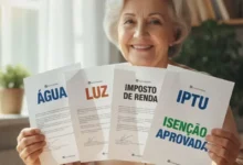 Isenção para idosos - Pessoa idosa sorrindo, sentada em uma mesa clara, segurando 4 documento, agua, luz, imposto de renda e IPTU escrito 'ISENÇÃO APROVADA', ao lado de uma calculadora e óculos de leitura, ambiente iluminado por luz natural, conceito de alívio financeiro e direito garantido
