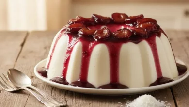 Como Fazer Manjar de Coco - imagem de manjar de coco cremoso em uma travessa redonda com furo central, coberto por calda de ameixa brilhante e pedaços de ameixa por cima, textura lisa e perfeita, em uma mesa de madeira rústica