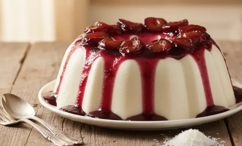 Como Fazer Manjar de Coco - imagem de manjar de coco cremoso em uma travessa redonda com furo central, coberto por calda de ameixa brilhante e pedaços de ameixa por cima, textura lisa e perfeita, em uma mesa de madeira rústica