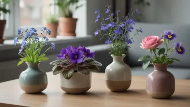 Flores pequenas para decorar - Fotografia realista em alta qualidade de uma mesa de madeira clara próxima a uma janela iluminada, com cinco pequenos vasos de cerâmica contendo as seguintes flores: miosótis azul com centro amarelo, violeta-africana roxa de folhas aveludadas, lobélia azul-violeta delicada, mini-rosa em tom rosado e torênia com pétalas roxas e amarelas.