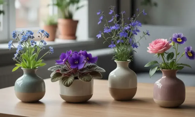Flores pequenas para decorar - Fotografia realista em alta qualidade de uma mesa de madeira clara próxima a uma janela iluminada, com cinco pequenos vasos de cerâmica contendo as seguintes flores: miosótis azul com centro amarelo, violeta-africana roxa de folhas aveludadas, lobélia azul-violeta delicada, mini-rosa em tom rosado e torênia com pétalas roxas e amarelas.