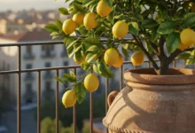 Um limoeiro saudável e vibrante, carregado de limões em vasos de cerâmica rústicos, exposto em uma varanda iluminada pelo sol da manhã. As folhas verdes brilhantes e os limões sicilianos maduros se destacam, com uma vista desfocada de uma cidade e céu azul ao fundo. A imagem transmite frescor e a beleza de um jardim urbano em casa.