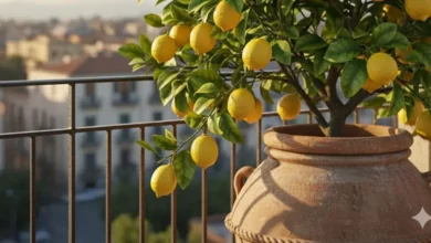 Um limoeiro saudável e vibrante, carregado de limões em vasos de cerâmica rústicos, exposto em uma varanda iluminada pelo sol da manhã. As folhas verdes brilhantes e os limões sicilianos maduros se destacam, com uma vista desfocada de uma cidade e céu azul ao fundo. A imagem transmite frescor e a beleza de um jardim urbano em casa.