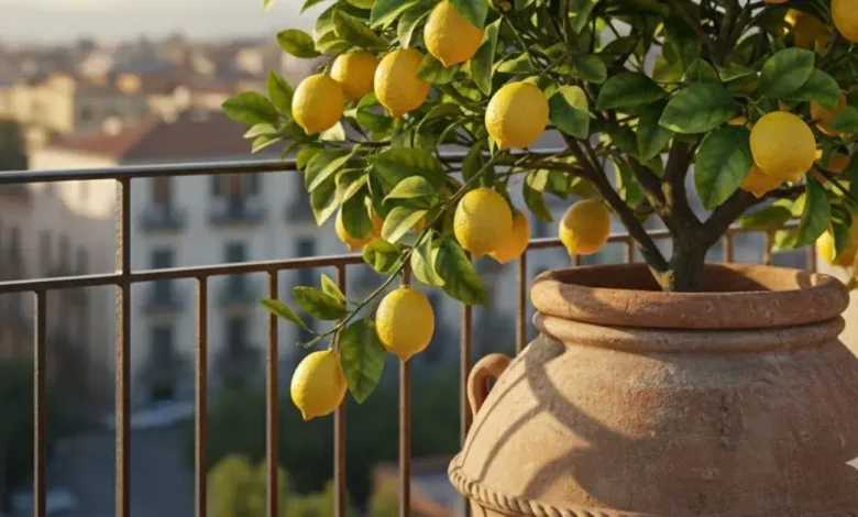 Um limoeiro saudável e vibrante, carregado de limões em vasos de cerâmica rústicos, exposto em uma varanda iluminada pelo sol da manhã. As folhas verdes brilhantes e os limões sicilianos maduros se destacam, com uma vista desfocada de uma cidade e céu azul ao fundo. A imagem transmite frescor e a beleza de um jardim urbano em casa.